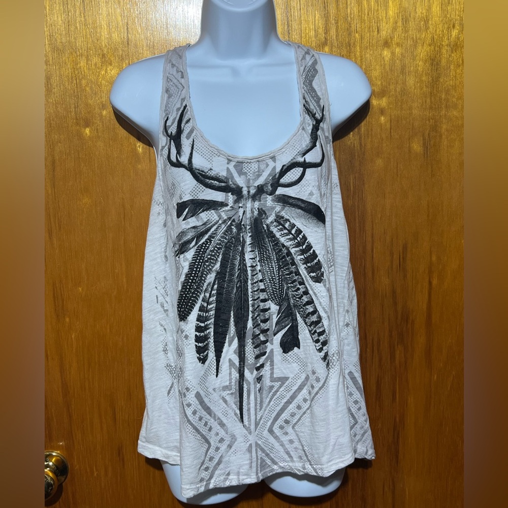 Rock & Republic Tank Top Size Large Ivory Color with Feathers Design